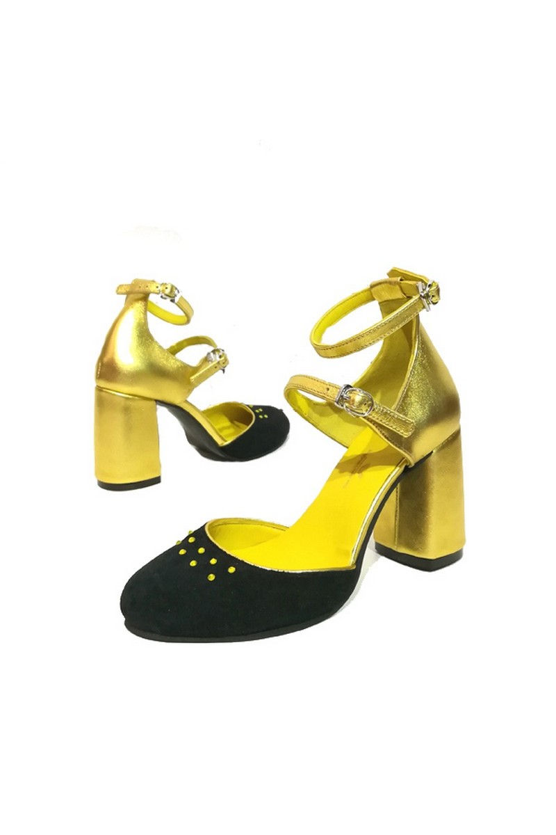 Buy Genuine leather gold black heel buckle round toe women party elegant shoes